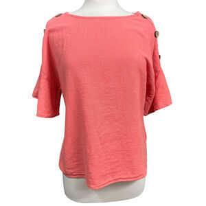 Ellen Tracy Coral Linen Blend Button Shoulder Top Women’s Size M